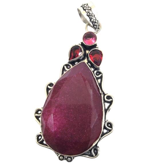 Handmade Sterling Silver Pendant with Faceted Ruby and Garnet Gemstone Accents - Picture 1 of 10
